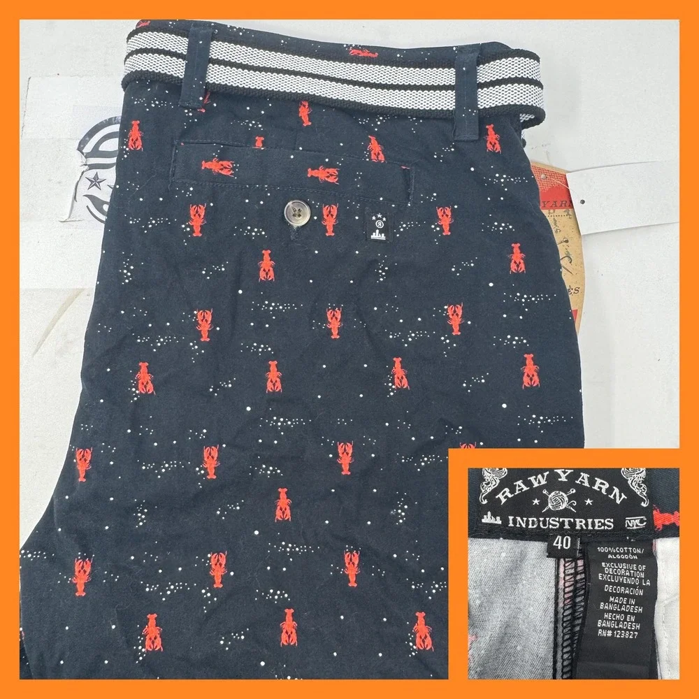 Raw Yarn Industries NYC Men's Black Lobster Print Shorts Size 40‎ Belted
